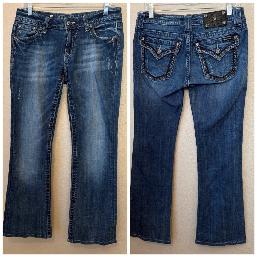 Miss Me Bootcut Jeans 29 J55672B2 Embellished Flap Pockets Fleur-de-Lis Bling